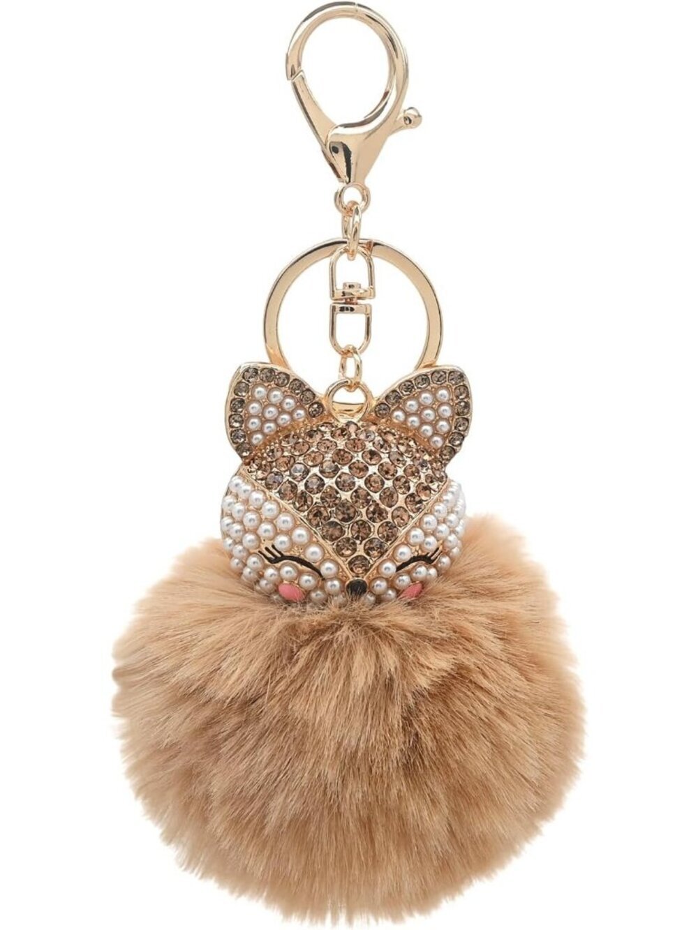 Women's Brown Head Keychain with Faux Fur Pom-Pom Bling Rhinestones Simulated